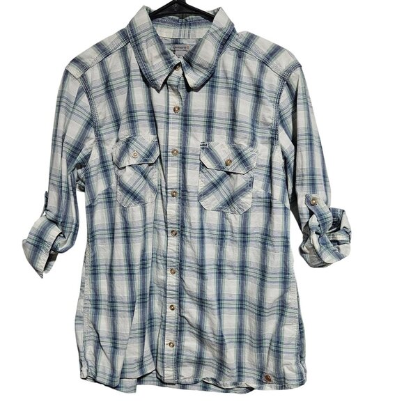 Carhartt Button Front Shirt Womens Size Large Blue White Plaid Roll-Tab Sleeves - Picture 3 of 9